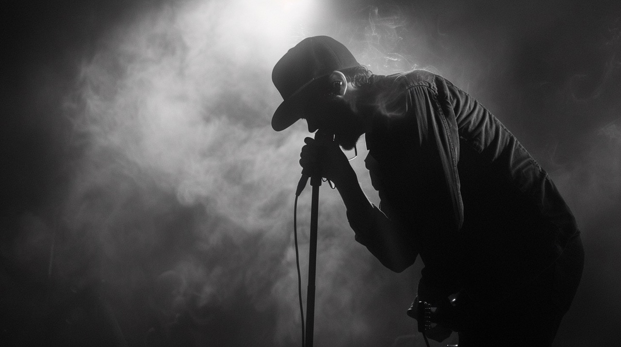 Moody black and white indie concert scene with minimalist AM era aesthetic